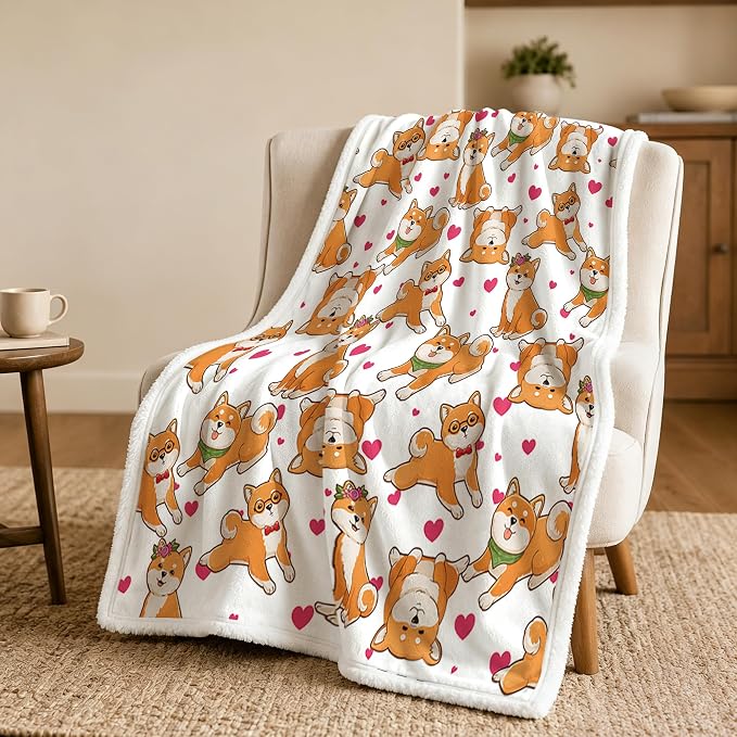 BlessLiving Throw Blanket, White Dog Pink Animal, 50x60 in | sherpa fleece fabric, Shiba Dense Pet Blankets Kawaii Puppy print, for couch or sofa, pet lovers, easy machine care