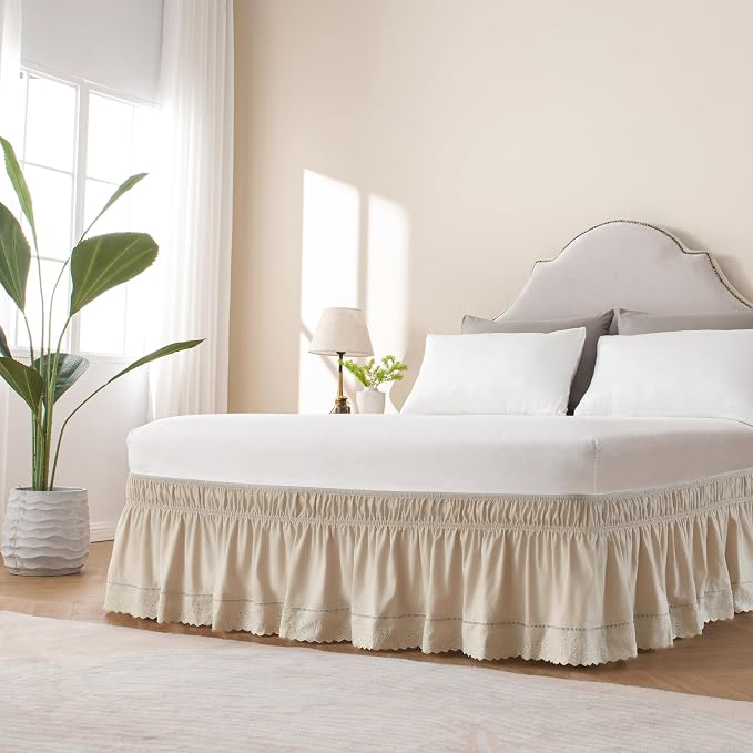 MIYE Wrap Around Ruffled Lace Bed Skirt, Elastic Dust Ruffle with Adjustable Belts, Easy to Put On, Bed Frame Cover, Machine Washable (Embroidered/Beige, Full/Twin-18 Drop)