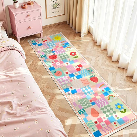 Washable 2x6 Pink Runner Rug, Soft Non-Slip Low Pile Carpet for Hallway, Bedroom & Playroom, Cute Colorful Fruit Rainbow Checkered Floor Mat