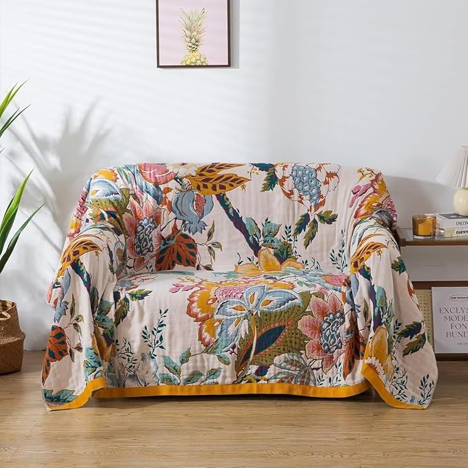 Boho Throw Blanket for Bed 100% Cotton Bohemian Blankets Ultra Soft Woven Muslin Decorative Blankets All Seasons Vintage Quilt Knitted Blanket for Sofa Chair(Beige, 60"x80")