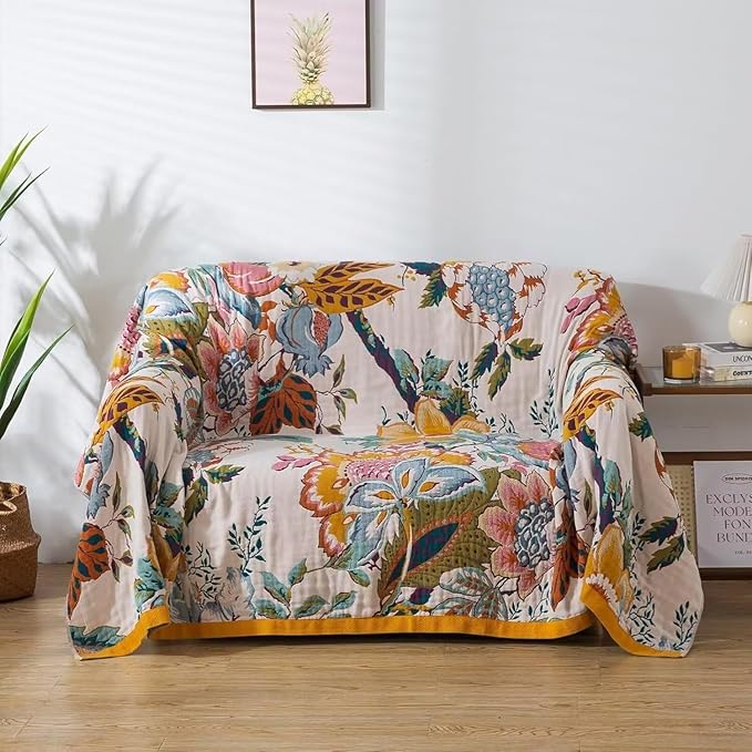 Boho Throw Blanket for Bed 100% Cotton Bohemian Blankets Ultra Soft Woven Muslin Decorative Blankets All Seasons Vintage Quilt Knitted Blanket for Sofa Chair(Beige, 90"x98")