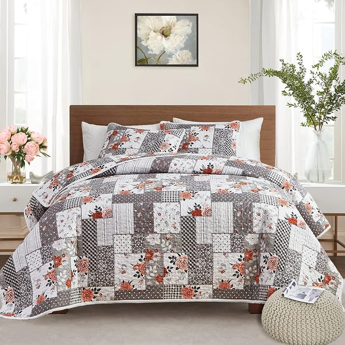 Patchwork Quilt Set Twin Size, 2 Pieces Grey White Floral Plaid Design Summer Bedspread Coverlet Set, Soft Microfiber Reversible Lightweight Bed Cover for Kids (68" x 86", 1 Quilt+ 1 Pillow Sham)