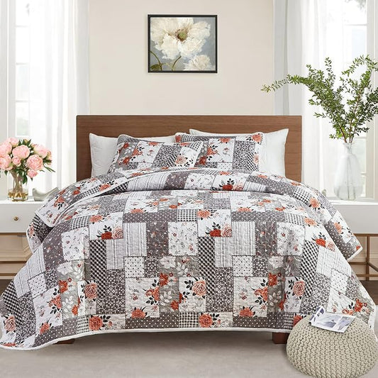 Patchwork Quilt Set Twin Size, 2 Pieces Grey White Floral Plaid Design Summer Bedspread Coverlet Set, Soft Microfiber Reversible Lightweight Bed Cover for Kids (68" x 86", 1 Quilt+ 1 Pillow Sham)