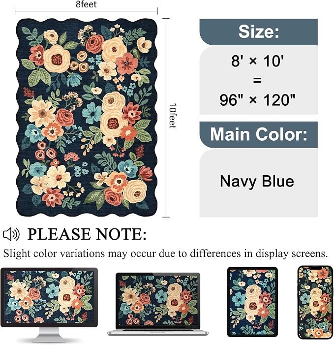 DUKINO 8x10 Area Rug for Living Room, Soft Floral Washable Rug, Navy Blue | Soft, Low Pile, Stain Resistant Throw Large Rug for Bedroom, Dining Room, Nursery, Kids Playroom, Pet Friendly, Home Decor