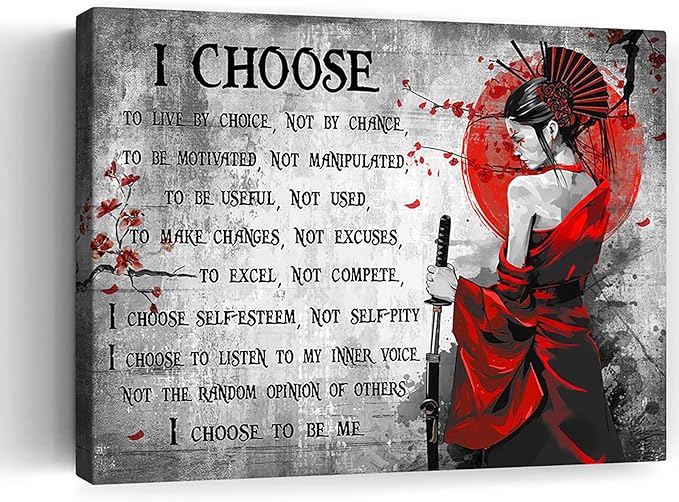 Motivational Japanese Samurai Wall Art Samurai Women Red Moon Canvas Wall Decor Inspirational Quotes I Choose Pictures Print Paintings Framed Artwork Home Decor For Office Living Room Gym 20x24 Inch