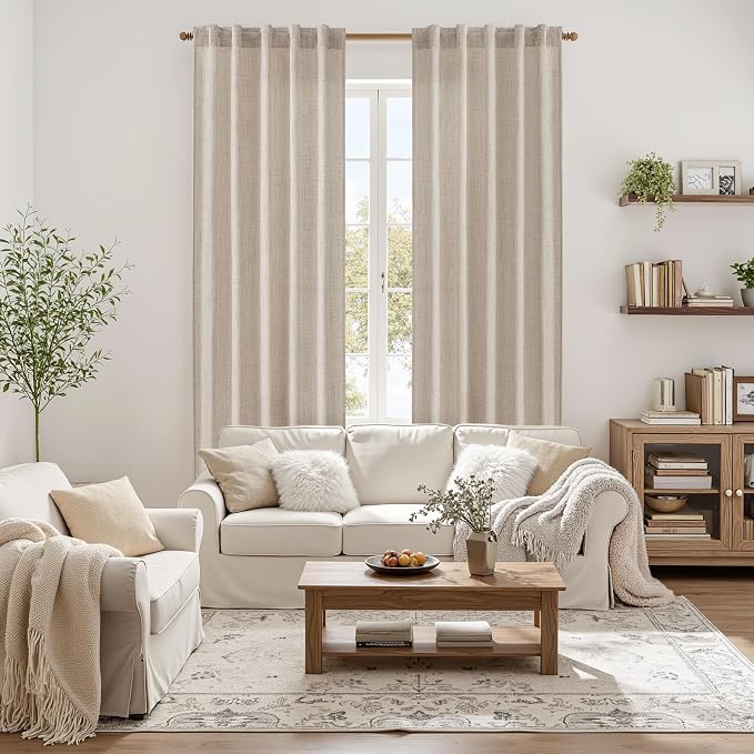 MIULEE Faux Linen Curtains 96 Inch Length 2 Panels Natural Semi Sheer Curtain with Back Tab Rod Pocket, Light Filtering Window Privacy Burlap Drapes for Living Room Bedroom 42W x 96L Linen