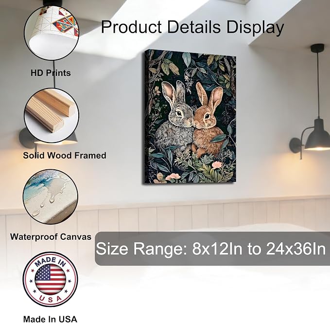 Vintage Framed Easter Canvas Wall Art 8x12, Retro Two Bunnies Pictures Wall Decorations Indoor, Rustic Spring Wall Decor with Cute Rabbit & Florals for Bedroom Living Room Office