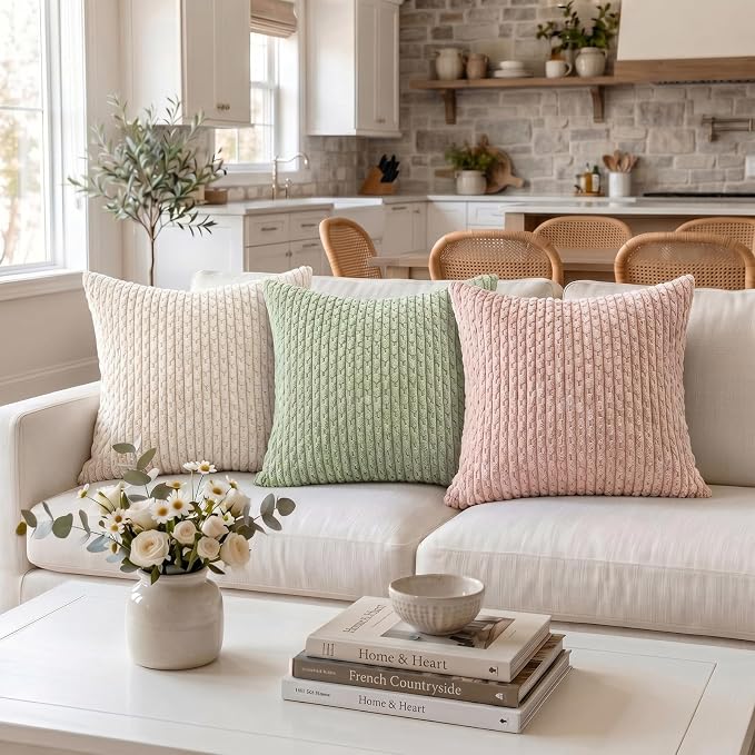 Fancy Homi 2 Packs Cream Decorative Throw Pillow Covers 26x26 Inch for Couch Bed Sofa, Modern Farmhouse Boho Home Decor, Soft Cute Plush Corduroy Cushion Case 66x66 CM