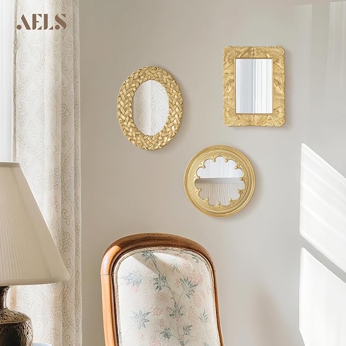 AELS 3 Pack Small Antique Gold Mirror Wall Decor, Wall Hanging Mirror Decor, Luxury Home Decor, Vintage Wall Mirror Set of 3, Small Decorative Mirrors for Living Room Entryway Bedroom