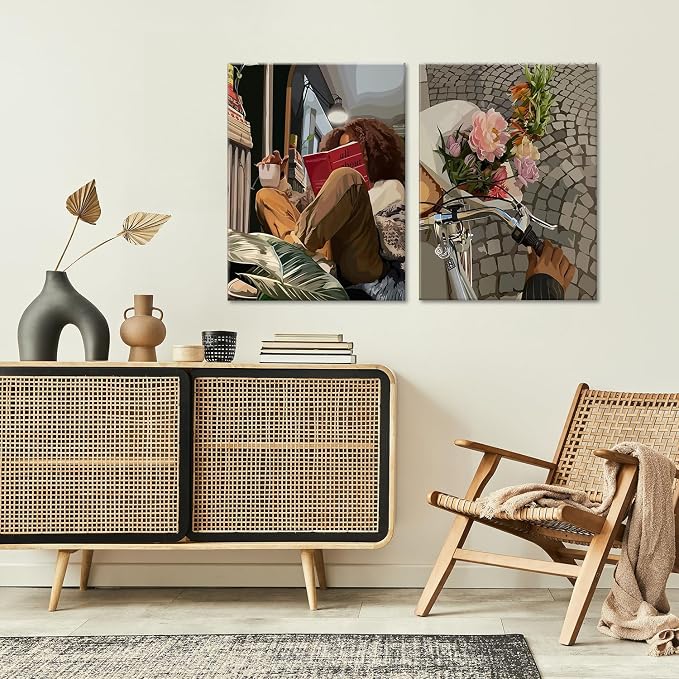 Modern African American Women Wall Art Set of 2,Cozy Reading & Bike Ride with Flowers Painting Canvas Prints,black woman Vintage Aesthetic Poster for Living Room, Bedroom, Office， Framed 12X16in