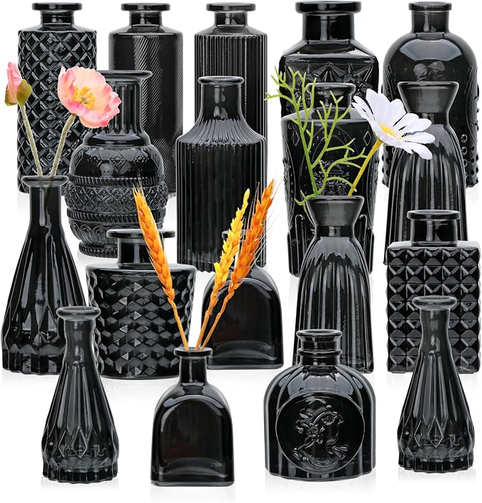 Glass Bud Vase Set of 18,Glass Black Vintage Vases for Flowers, | Black Bud Vases in Bulk for Rustic Wedding Decor,Mini Bud Vases for Table Centerpieces,Decor Centerpiece for Bathroom