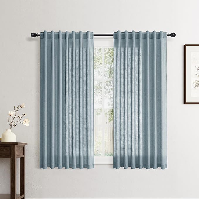 Jowels Blue Linen Curtains 54 Inch Long 2 Panels for Living Room | Light Filtering Semi Sheer Curtain, Back Tab Pocket Pleated Look, Boho Farmhouse Textured Privacy Drapes for Bedroom Window