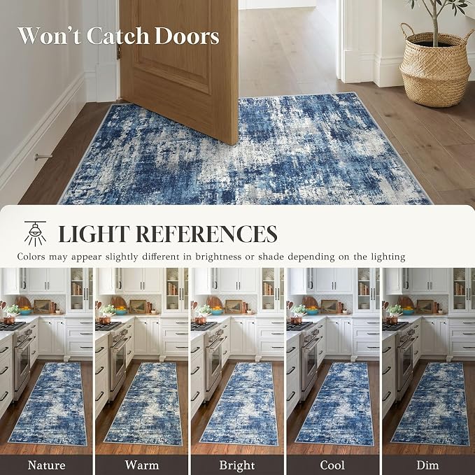 Lansny Abstract Washable Kitchen Runner 2x5 Runner Rug Non Slip for Hallway | Blue;Thin Printed Faux Wool Entryway Runner Indoor;Hallway Runner Rug;Rubber Backed 5ft Floor Carpet Runners;Bedroom Runners