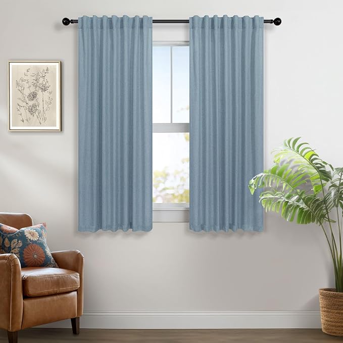 Country Blue Curtains 54 Inch Length for Bathroom 2 Panels Pocket Tab Loops Light Reducing Semi Privacy Energy Efficient Linen Sheer Vintage Blue Curtains for Boys Bedroom Chambray Blue Dusty