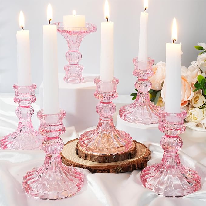 24 Pcs Glass Candle Holder Set 12 Candlestick White Candles,Pink | Clear Glass Holders with Taper Candles for Wedding Party Dinner Table Centerpiece, Elegant Classic Design Event Decor