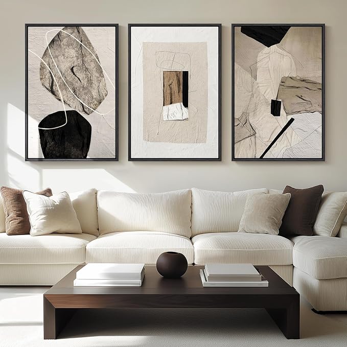 Large Framed Neutral Abstract Wall Art for Living Room,Set of 3, 24x36 In | Black and beige modern pictures, Canvas prints, Minimalist painting, Artwork for walls, Wall decor for bedroom office hallway
