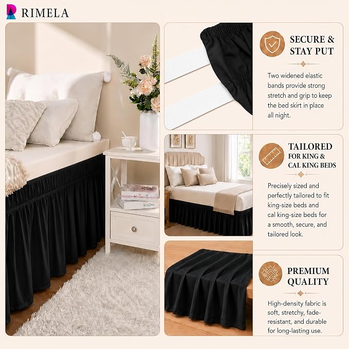 Black Bed Skirt King Size 18 Inch Drop, Elastic Wrap Around Bedskirt | Solid Ruffled, Easy to Use, No Mattress Lifting, Wrinkle & Fade Resistant, with Adhesive Strips, Machine Wash/Dry/Iron