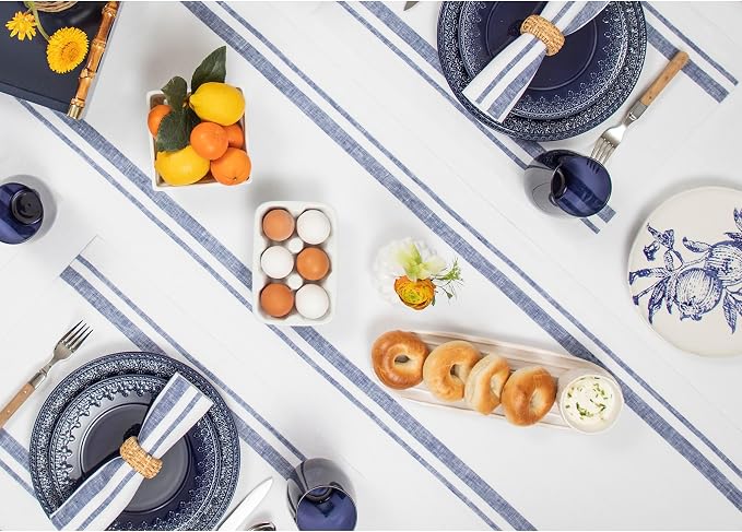 Solino Home 100% Pure Linen Table Runner, 14 x 120 in, Navy, French Stripe | styles dining tables for meals and celebrations, woven stripe, European flax fibres, easy to care for, OEKO-TEX Certified