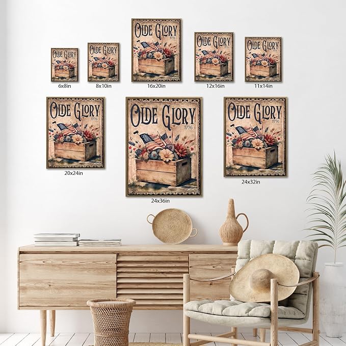 American Flag Framed Canvas Wall Art, 4th of July Patriotic Canvas Prints | 1776 American Flag Poster Print, Vintage Independence Day Wall Decor for Bedroom Living Room Dining Room Office 24×32in