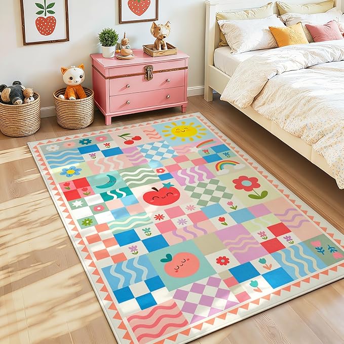 Washable Pink Area Rugs for Bedroom Girls, 3x4 Soft Checkered Playroom Carpet with Cute Sun & Rainbow Fruit Design, Non-Slip Decorative Floor Mat