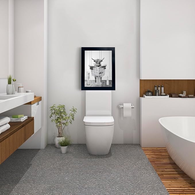Black Framed Highland Cow Wall Art in Bathtub, Funny Black and White Canvas Picture, Humor Animals Artwork Prints for Bathroom, Bedroom, Kids Decor