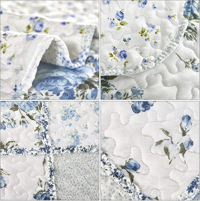 VIVILINEN Blue Floral Patchwork Quilt Set, Full Queen Size, 3 Piece Bedding Set with 2 Pillowcases | 3-Piece Rversible Quilted Bedspread Coverlet Set 87"x95" Lightweight Comforter Bedding Set Bed Cover with 2 Pillow Shams