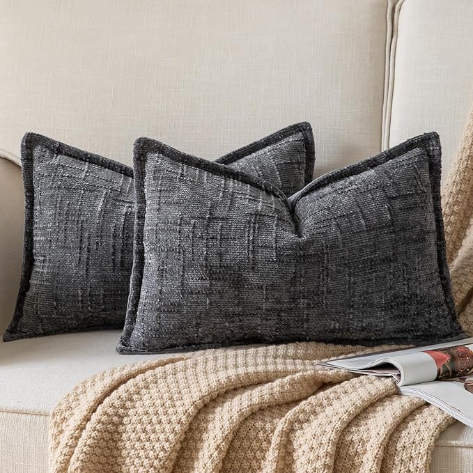 Yaertun Chenille Throw Pillow Covers 16x24 Inch Set of 2 Textured Broadside Soft Cozy Velvet Pillow Covers Modern Farmhouse Boho Decorative Pillow Cases for Couch Bed Sofa Livingroom Dark Gray