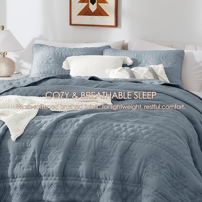 WDCOZY Boho Blue Grey Twin Quilt Size Bedding Sets with 1 Pillow Sham, Farmhouse Lightweight Soft Bedspread Coverlet for All Season, 2 Pieces, 68x90 inches