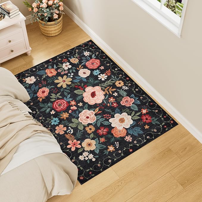 DUKINO 3x4 Area Rug, Floral Washable Rug for Kitchen Non Slip, Black | Low Pile, Soft, Stain Resistant Indoor Rug for Entryway, Bedroom, Bathroom, Laundry, Pet Friendly, Home Decor, Lightweight