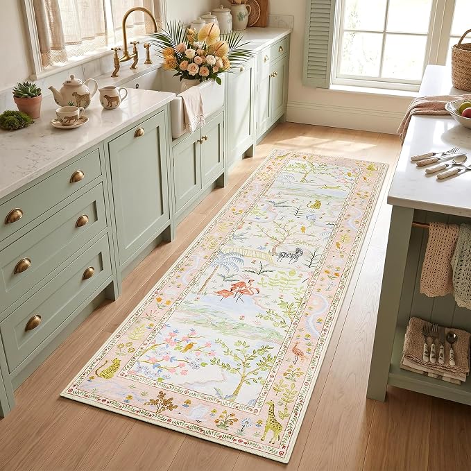 2x6 Hallway Runner Rug Non Slip Forest Nursery Runners Washable Stain Resistant Fairy Tale Whimsical Long Runner Carpets Girls Room Blush Safari Animal Rugs for Living Room Kitchen Bedroom, PeachBlush