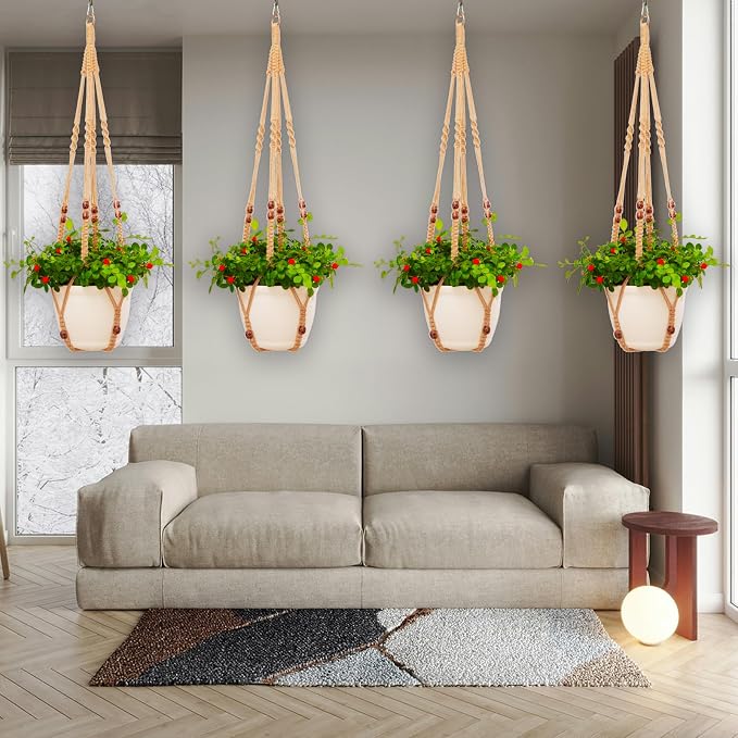 4 Pack Macrame Plant Hangers Indoor Set Large Crochet Hanging Holder, Brown