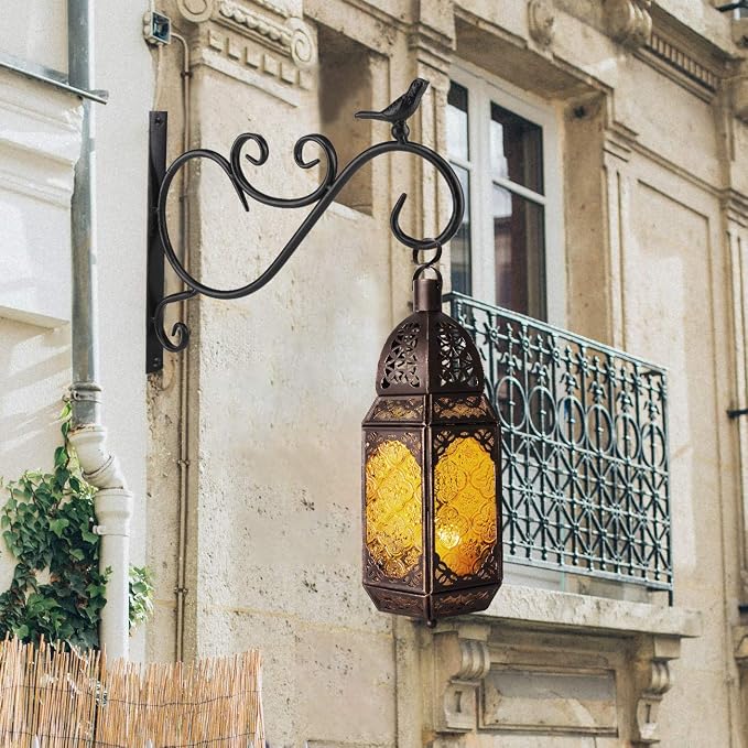 Lewondr Ramadan Lantern Decorations, Glass Moroccan Bookshelf Lantern, Gold | 12 Inch, Portable Candle Holder, Hanging or Tabletop, Metal Hollow-Out Design, Vintage Decorative, for Home Porch Patio Decor