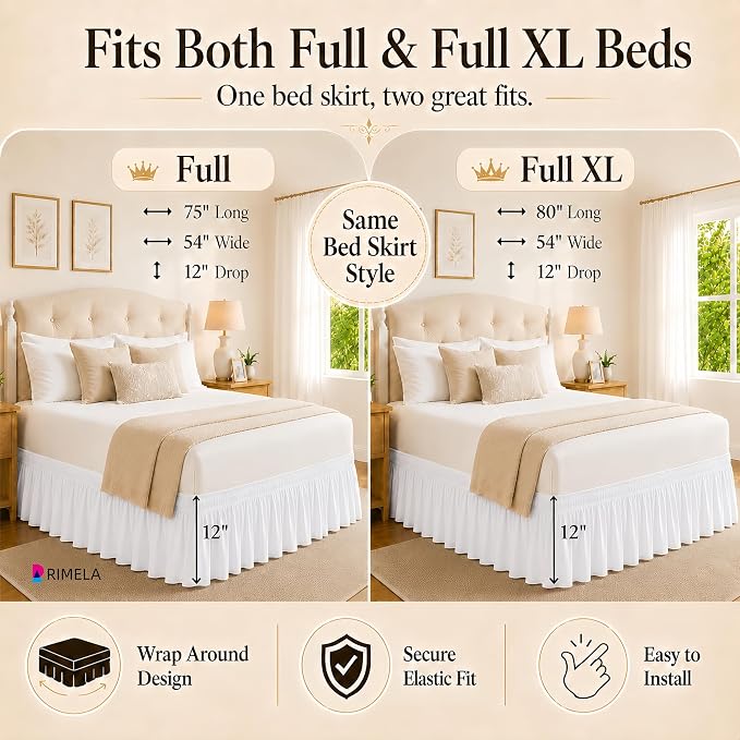 White Bed Skirt Full Size 12 Inch Drop, Elastic Wrap Around Bedskirt | Solid Ruffled, Easy to Use, No Mattress Lifting, Wrinkle & Fade Resistant, with Adhesive Strips, Machine Wash/Dry/Iron