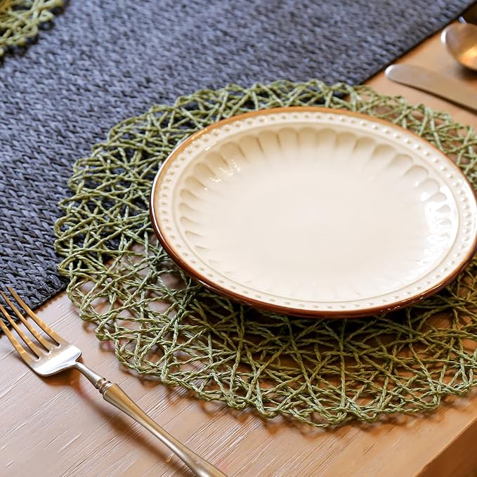 AHHFSMEI Paper Braided Round Placemats Set of 12 Natural Non-Slip Heat Resistant Table Mats for Dining Tables Woven Indoor & Outdoor Place mats(Green,12)