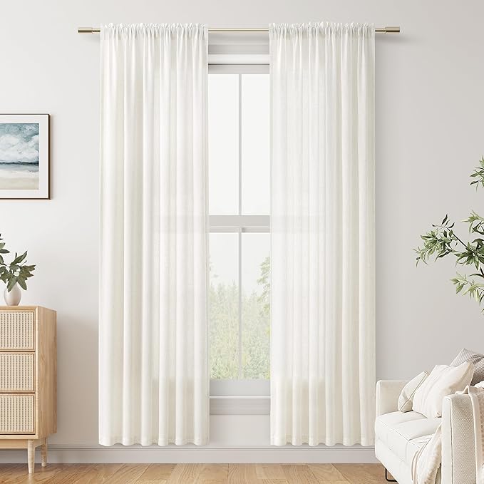 Linen Curtains 88 Inches Long for Living Room Natural Cream Semi Sheer Curtain Rod Pocket 2 Panels Set Boho Farmhouse Light Filtering Window Drapes for Bedroom Beige Ivory 52x88