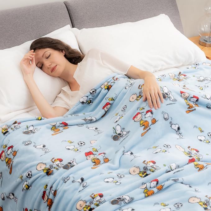 Berkshire Blanket Peanuts® VelvetLoft® Cute Character Snoopy Plush Blanket,Snoopy the Athlete Closed in Blue,Full/Queen 90 in x 90 in (Official Peanuts® Product)