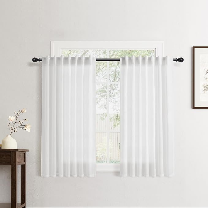 Jowels White Linen Curtains 45 Inch Long 2 Panels for Living Room | Light Filtering Semi Sheer Curtain, Back Tab Pocket Pleated Look, Boho Farmhouse Textured Privacy Drapes for Bedroom Window