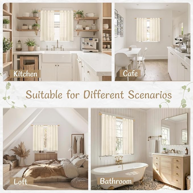 Kitchen Linen Curtains 30 Inch Length for Small Window, 2 Panels | Semi Sheer Light Filtering, Boho, Curtains for Cafe, Bathroom, Basement, Back Tab Rod Pocket Panels, Linen, 34 x 30 Inch