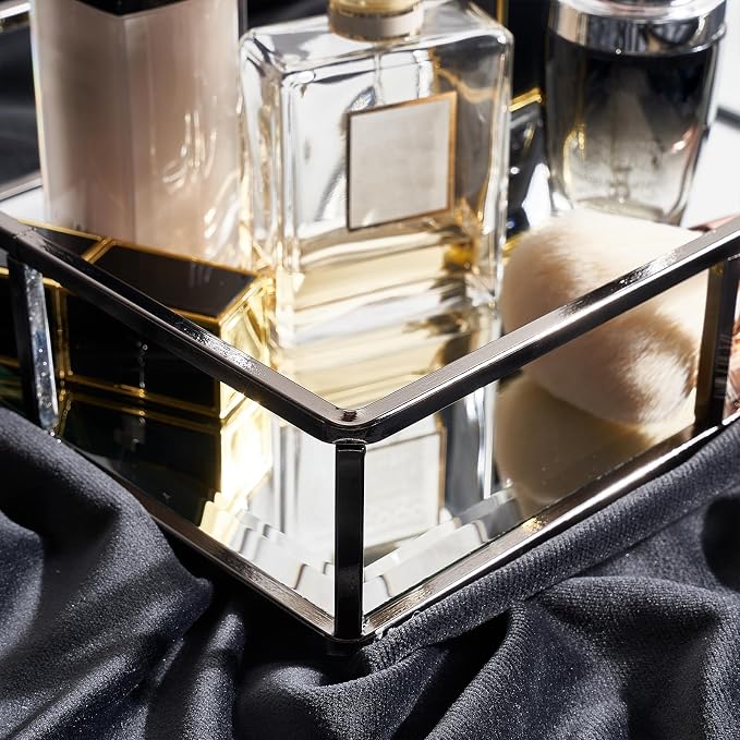 PuTwo Mirror Tray, Smoky Black Perfume Tray, Decorative Tray, Metal Vanity Tray, Jewelry Tray, Tray Decor, Decorative Trays, Glass Tray, Perfume Organizer, Vanity Trays for Bathroom, Counter, Bathroom