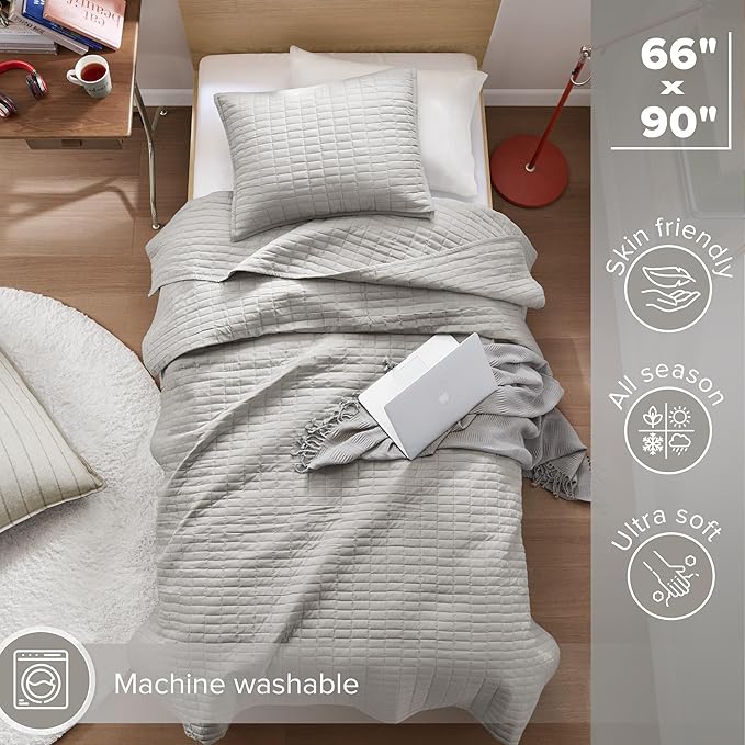 Comfort Spaces Kienna Twin Quilt Bedding Set 2 Piece, 66"x 90" Grey | Soft Cozy Lightweight Summer Twin XL Coverlet for College Dorm, Quilted Extra Layer, Modern Casual Bedroom Decor, OEKO-TEX