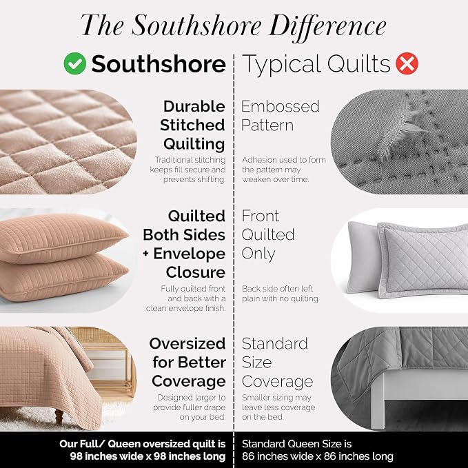 Southshore Fine Living, Inc. Full/Queen Quilt Set, Stitched Full Size with 2 Matching Pillow Shams, Lightweight Quilt Coverlet, Easy Care Machine Washable Queen Size Quilt Bedspread, Blush