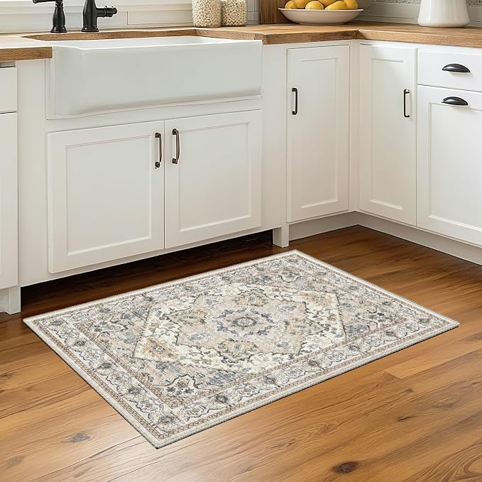 AooHHooA 2x3 Washable Non-Slip Boho Area Rug for Kitchen Bathroom Entryway Bedroom, Beige Vintage Print Stain Resistant Home Decor
