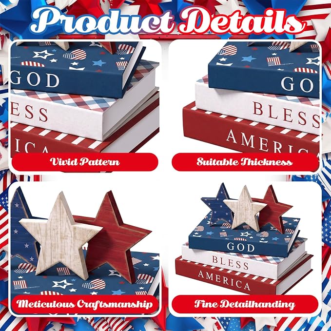 Thyle 4th of July Fake Decorative Books Wooden Star Table Signs Faux Stars Patriotic Decor for Independence Day 250th Anniversary Party Office Home Shelf Table Decor, 11 /9.9 / 9.1 Inch