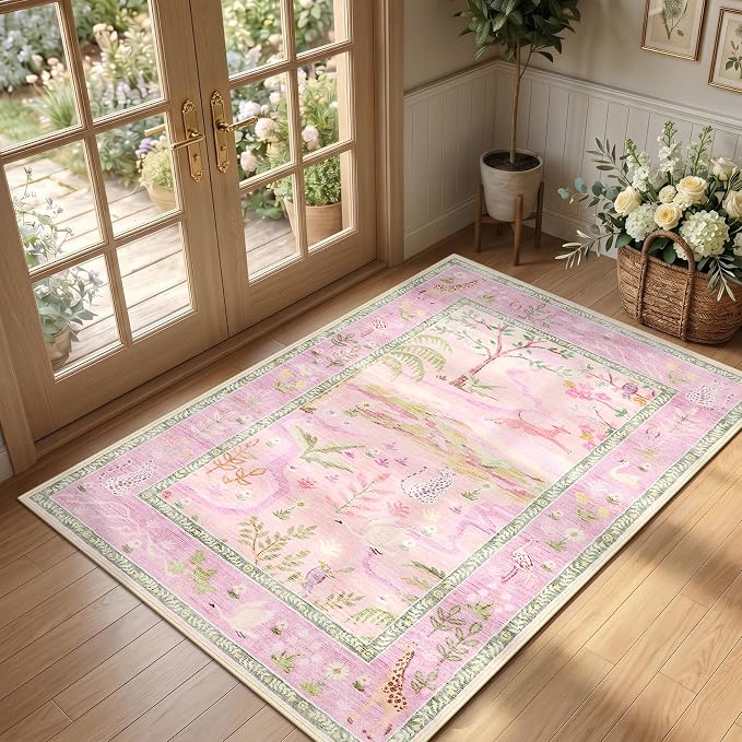 2x3 Washable Area Rug for Entryway Non Slip Safari Nursery Rug Purple Kids Room Rugs Low Pile Stain Resistant Jungle Animal Print Rugs Small Throw Mat for Living Room Bedroom Girls Room, Lavender