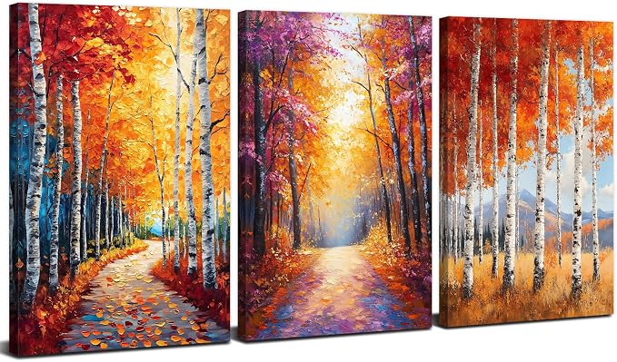 Mystery Forest Wall Art for Bathroom Decor Fall Forest Pictures Wall Decor Orange Yellow Woodland Painting Nature Wilderness Canvas Pictures Artwork for Bedroom Living Room Home Decoration 16x24" 3Pcs