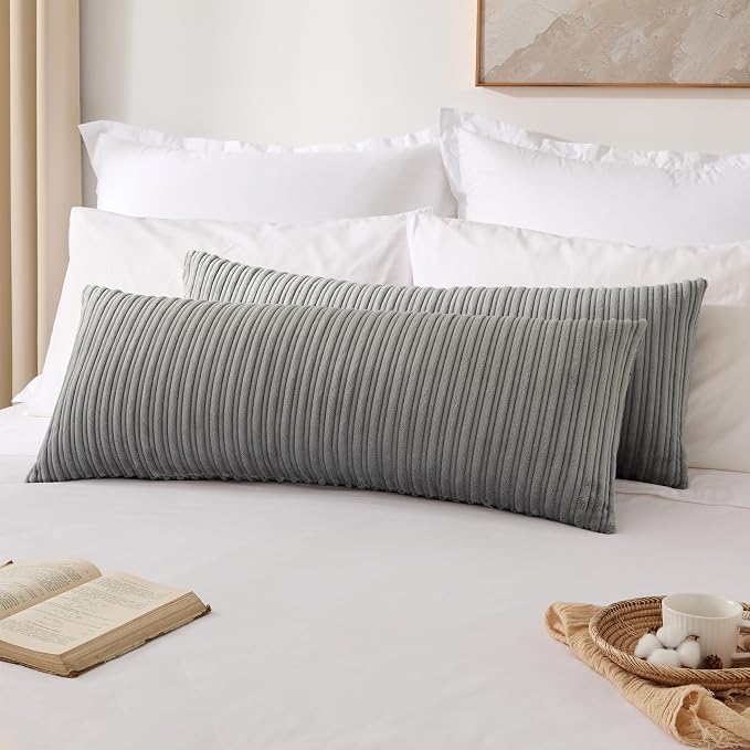 Kevin Textile Striped Corduroy 14”x36” Pillow Cover 1 Pack, Light Grey