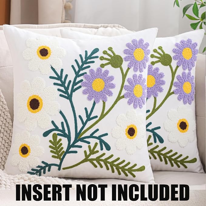Embroidered Throw Pillow Covers 18x18 Pack of 2 Floral Pillow Covers Farmhouse Pillow Case Outdoor Garden Cushion Case Summer Decorations for Home (Purple and White Flower)