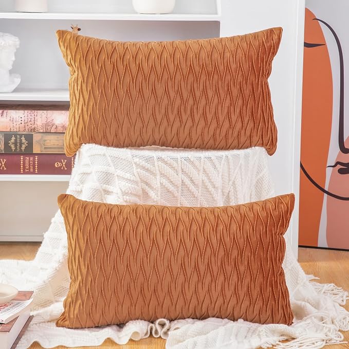MADIZZ Set of 2 Super Soft Velvet Decorative Throw Pillow Covers 12x20 inch Orange Rectangular with Texture Luxury Style Cushion Case Pillow Shell for Sofa Bedroom