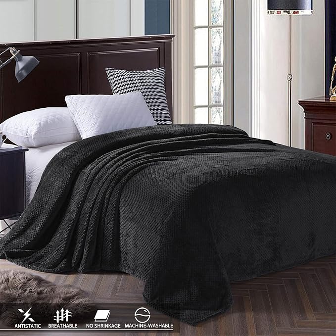 Exclusivo Mezcla Soft Waffle Fleece Bed Blanket Queen Size, Black | Lightweight Plush Blanket for Bed, Bedroom, Cozy Flannel with Waffle Texture, Stylish Home Decor, All Season, 90x90 Inches