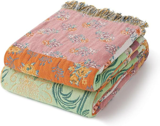 RILIHO 100% Cotton Boho Throw Blanket for Home Decor – Classic Farmhouse Quilt Bedding, Muslin Blankets for Adults, Vintage Woven Decorative Blanket for Couch, Bed Layering Use, Patchwork, 50"x60"